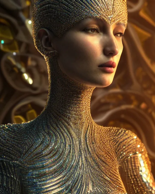 Image similar to a highly detailed metahuman 4 k close up render of bella hadid renaissance in iris van herpen dress schiaparelli in diamonds crystals swarovski and jewelry iridescent in style of alphonse mucha gustav klimt trending on artstation made in unreal engine 4