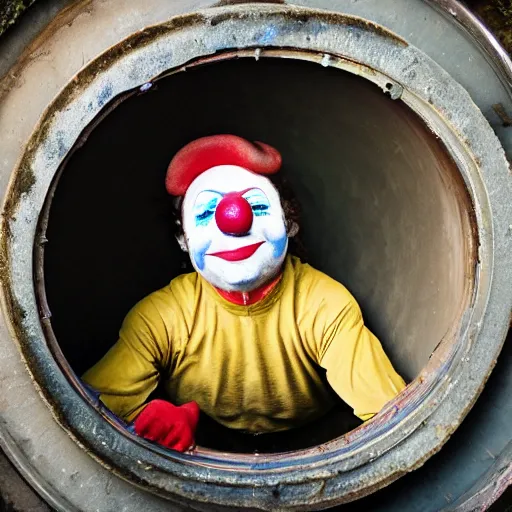 Image similar to clown peeking head out of tank barrel