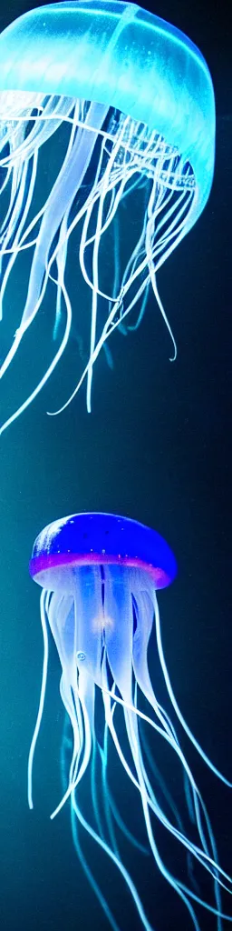 Image similar to a deep sea translucent bioluminescent jellyfish glowing indigo, hyperrealistic, extremely detailed, underwater photography