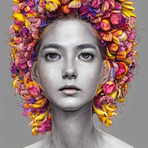 Prompt: the portrait of an absurdly beautiful, graceful, elegant, and wise young woman made of bananas and petals, an ultrafine detailed illustration by kim jung gi, irakli nadar, intricate linework, bright colors, final fantasy, behance contest winner, angular, unreal engine 5 highly rendered, global illumination, radiant light, detailed and intricate environment