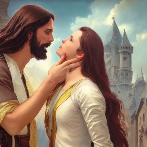 Image similar to jesus kissing a woman in a street, elegant, highly detailed, digital painting, artstation, concept art, matte, sharp focus, highly detailed, 4 k, hdr, smooth, sharp focus, high resolution, award - winning photo, photorealistic, art by artgerm and greg rutkowski and alphonse mucha, large shot