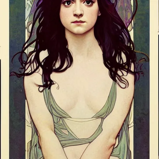 Image similar to a combination of Maisie Williams, Krysten Ritter, Anne Hathaway and Natalia Dwyer Christina Ricci and Lily Collins by Alphonse Mucha, Magali Villeneuve and Livia Prima, trending on artstation, long hair, dark eyes