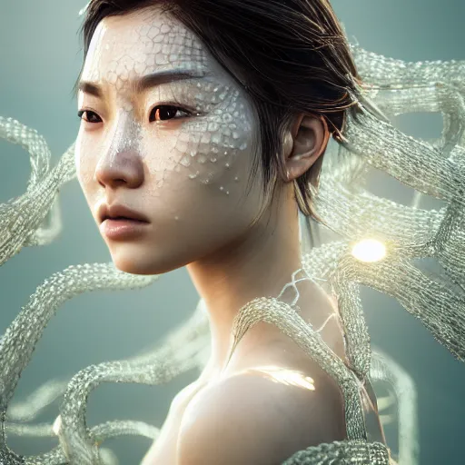 Prompt: intricate highly detailed face portrait of asian - european woman, light mint transparent water vines on her face, intricate, cgsociety, unreal engine, octane render, sharp focus, smooth, volumetric lighting, cinematic composition, artstation