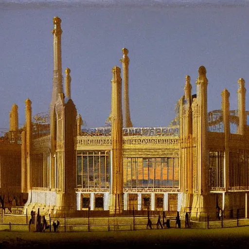 Image similar to a color photograph of the crystal palace, london exhibition of 1 8 5 1, golden hour,