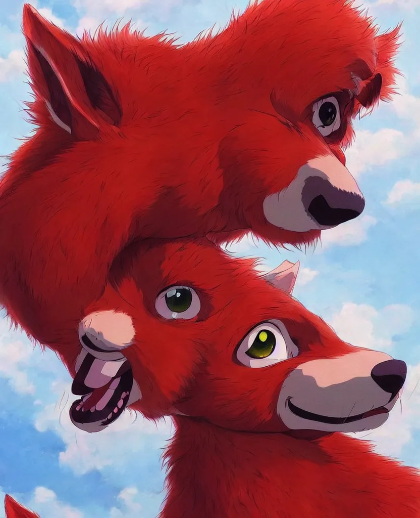 Image similar to beautiful painting from the anime film by studio ghibli, red anthropomorphic dog human hybrid wearing human clothes, drooling, fur, trending on artstation