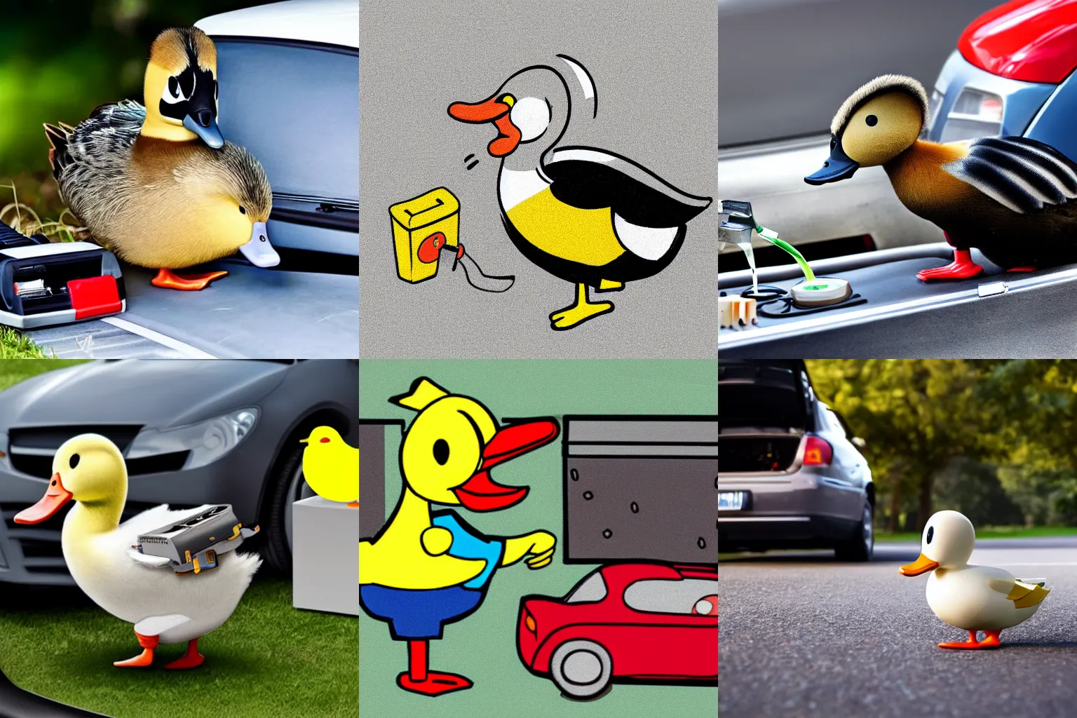 Prompt: a cartoon duck licking a car battery