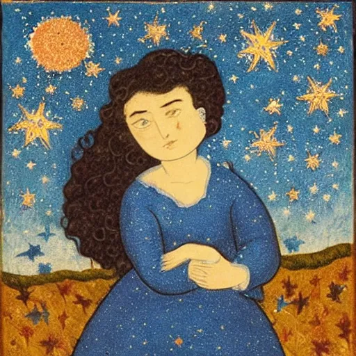 Prompt: The collage features a woman with wings made of stars, surrounded by a blue and white night sky. The woman is holding a staff in one hand, and a star in the other. She is wearing a billowing white dress, and her hair is blowing in the wind. leather, kokedama by Mark Briscoe terrifying