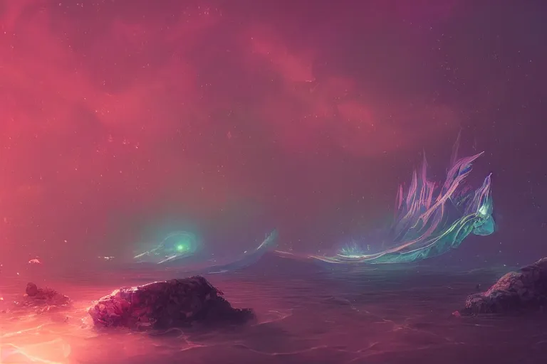 Prompt: glitched fantasy painting, the night sky is an upside down ocean, digital rectangular vhs glitches, digital noise, the stars are fish in the depths, the night sky is a sea, distant nebula are glowing algae, the moon is an anglerfish by jessica rossier