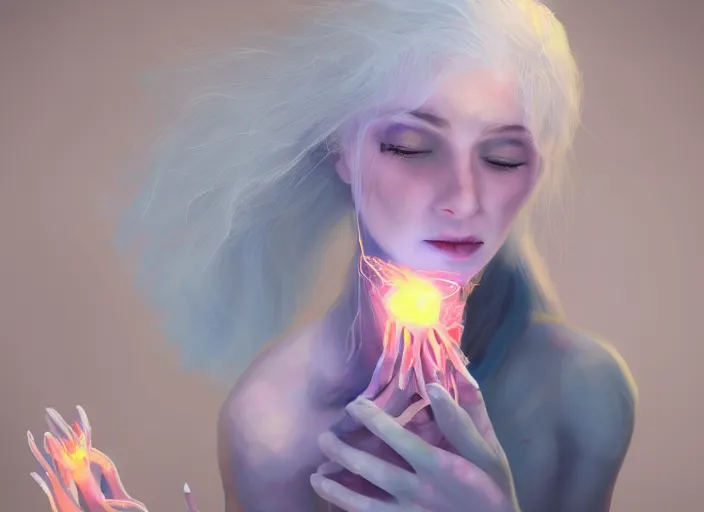 Prompt: girl with silk glowing white hair showing her hands with glowing puppeteer stings coming out of it, concept digital art trending on artstation oilpaint