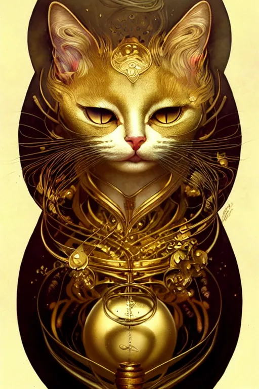 Prompt: metallic gold cat smoking by Android Jones, tom bagshaw, mucha, karl kopinski