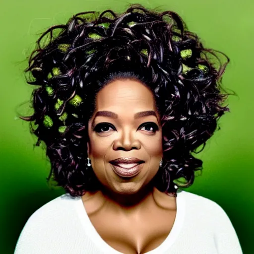 Image similar to a dish of oprah winfreys face fused with okra veg with green stalky ( ( green oprah winfrey's face ) ), oprah okra winfrey sentient veg