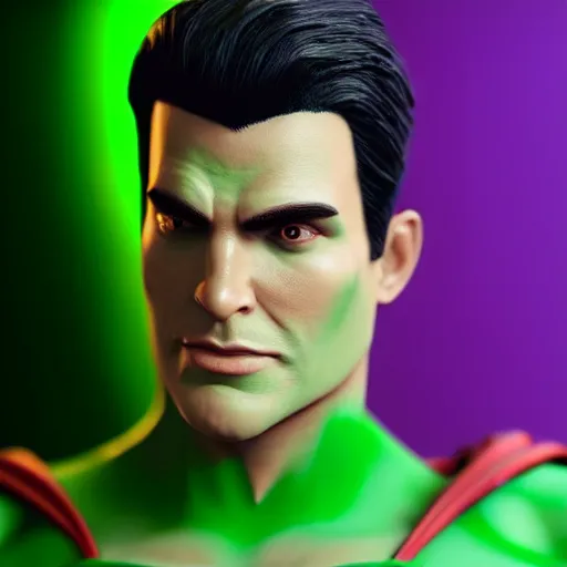Image similar to still photo of green superman, highly detailed, photorealistic portrait, bright studio setting, studio lighting, crisp quality and light reflections, unreal engine 5 quality render