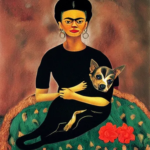 Image similar to a woman and her black and brown chihuahua by frida kahlo