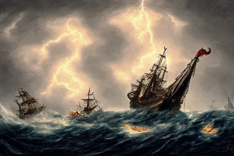 Prompt: giant kraken attacking a pirate sail boat, storm, lightning, rain, fantasy, horror