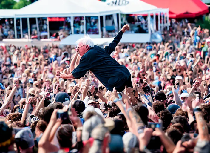 Prompt: photo still of bernie sanders at vans warped tour!!!!!!!! at age 8 0 years old 8 0 years of age!!!!!!! stage diving into a crowd, 8 k, 8 5 mm f 1. 8, studio lighting, rim light, right side key light