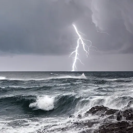 Image similar to Stormy sea, big waves, rain, lightning, gray clouds, old wooden ship, Giant Tentacles rising from water in foreground, Canon EOS R3, f/1.4, ISO 200, 1/160s, 8K, RAW, unedited, symmetrical balance, in-frame.