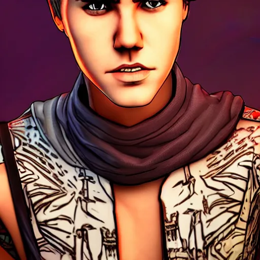 Image similar to justin bieber portrait, borderlands, tales from the borderlands, the wolf among us, comic, cinematic lighting, studio quality, 8 k