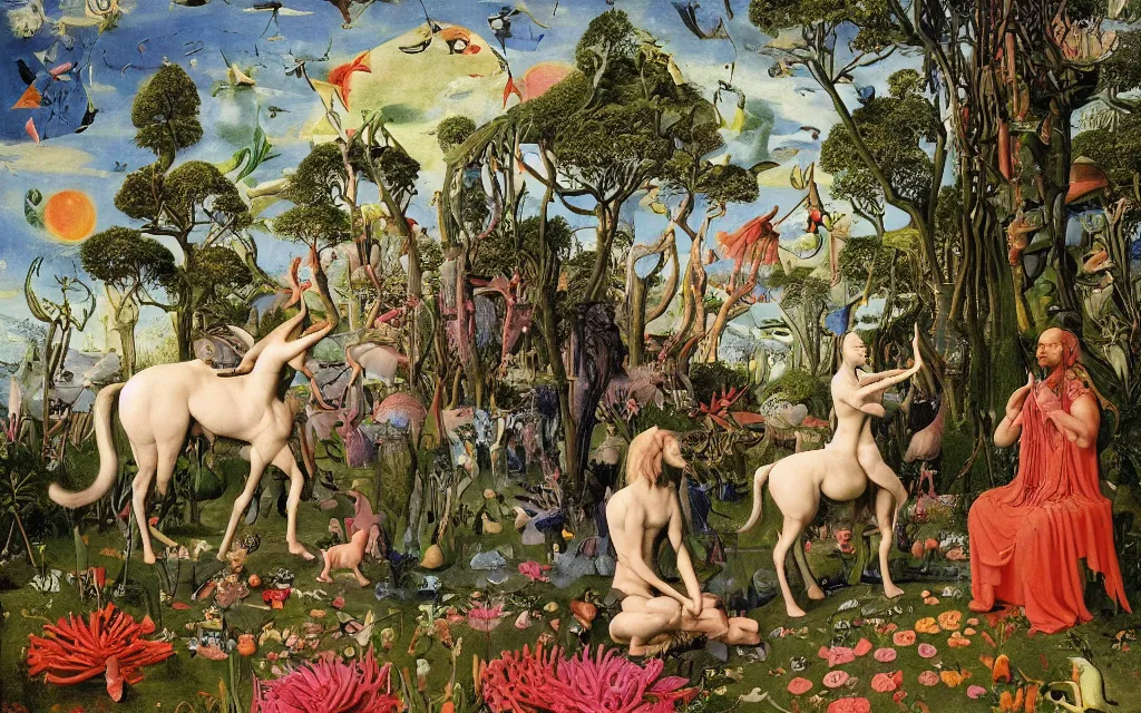 Image similar to photograph of a meditating centaur shaman and a striped catgirl feeding animals. surrounded by bulbous flowers, animals and a few trees. river delta with rock cliffs under a blue sky full of burning stars. painted by jan van eyck, max ernst, ernst haeckel, ernst fuchs and artgerm. trending on artstation, trending on cgsociety