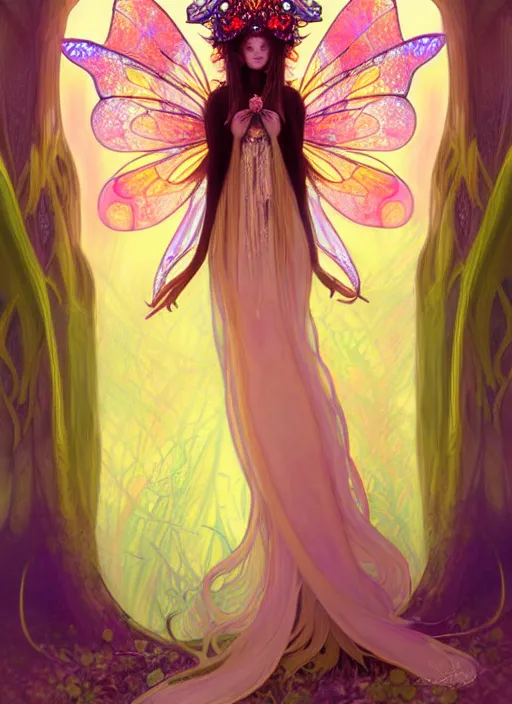 Image similar to stunningly beautiful female faerie priestess in amanita muscaria forest landscape, symmetrical wings on back, neon hair, fantasy art, wearing a dress of gossamer gold, inner glow, dark light night, sharp focus, digital painting, 4 k, concept art, by alphonse mucha, brom, face by otto schmidt,