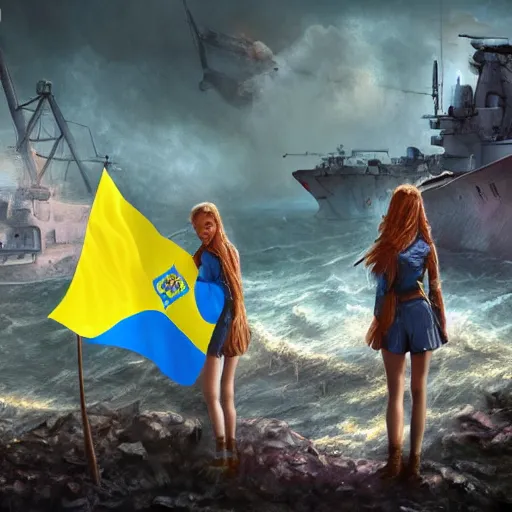 Image similar to ukrainian girls with ukrainian flag near big ruined warship, happy, concept art, trending on artstation, highly detailed, intricate, sharp focus, digital art, 8 k