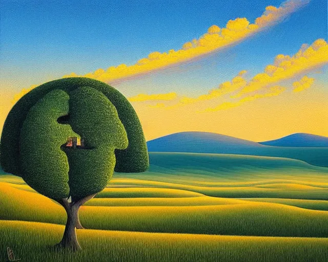 Image similar to a painting of an unimaginably beautiful landscape at golden hour, an ultrafine detailed painting by rafal olbinski, behance contest winner, pop surrealism, detailed painting, very detailed, minimalist, skeuomorphic, airbrush art