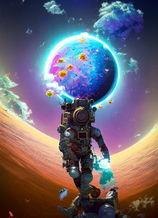 Image similar to An epic fantastic realism comic book style painting of the most beautiful flowers launched into space, bouquets, solar eclipse, fisheye, unreal 5, DAZ, hyperrealistic, octane render, dynamic lighting