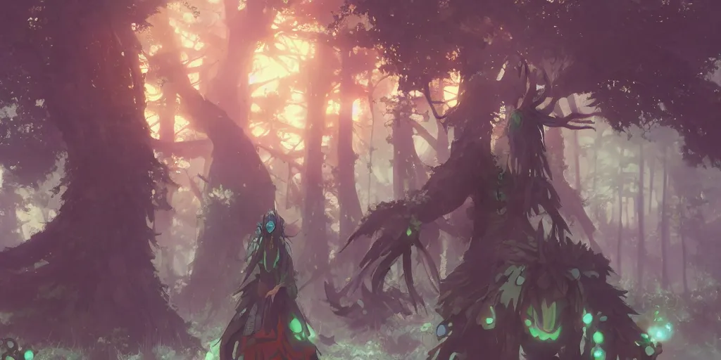 Prompt: forest shaman priest mech, illustration concept art, anime key visual, trending pixiv fanbox, by wlop and greg rutkowski and makoto shinkai and studio ghibli and kyoto animation and trigger, colorful