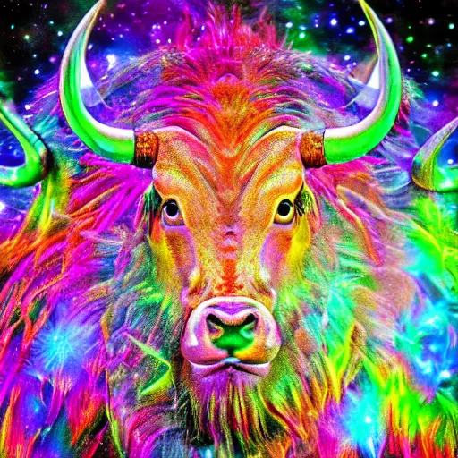 Image similar to Photorealistic physical manifestation of the zodiac taurus. Hyperdetailed photorealism, 108 megapixels, amazing depth, sharp focus, psychedelic overtones, 10k resolution, beautiful glowing colors