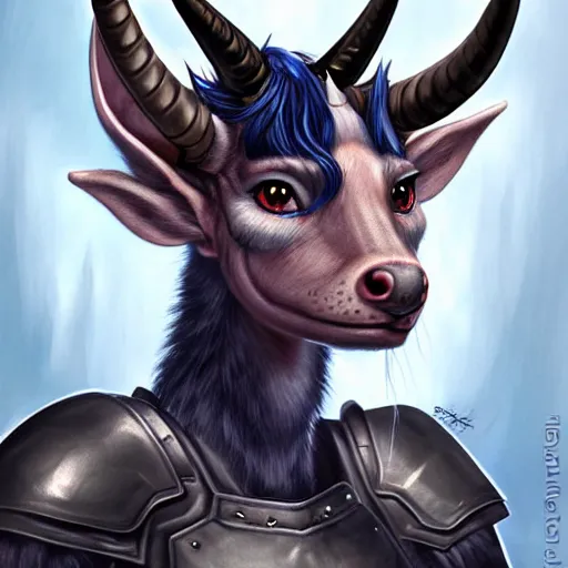 Prompt: illustrated realistic portrait female prong-horned kobold with blue bob hair and solid dark eyes wearing strap leather armor by rossdraws