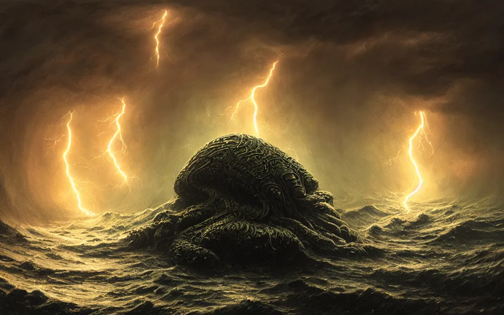 Prompt: concept art of a slimy cthulhu emerging from the ocean, thalassophobia, multiple illuminated lightning!!!, thunder!!!, sharp focus, ultra detailed, intricate, amazing depth, by jeremy mann, hr giger, beksinski, unreal engine highly rendered, ominous, unsettling, misty, cinematic lighting, 8 k