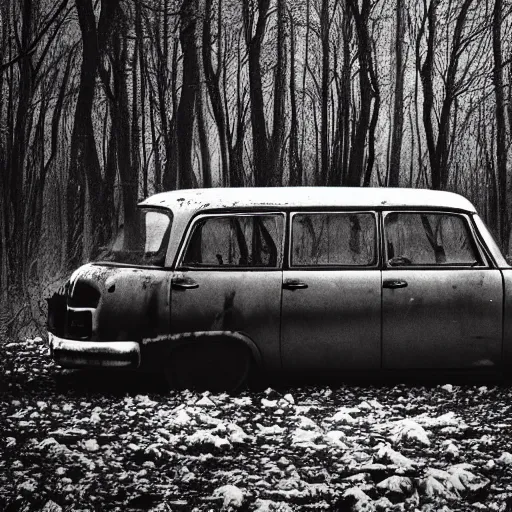 Prompt: rusty sedan in winter forest, greyscale, Polaroid, editoral image