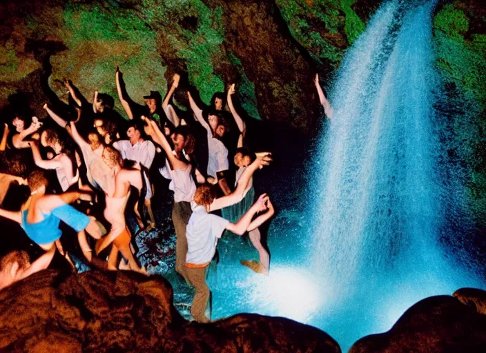 Image similar to people dancing under a waterfall highly detailed sharp zeiss lens 3 5 mm kodachrome film masterpiece ryan mcginley moonmilk cave with blue ambient lighting