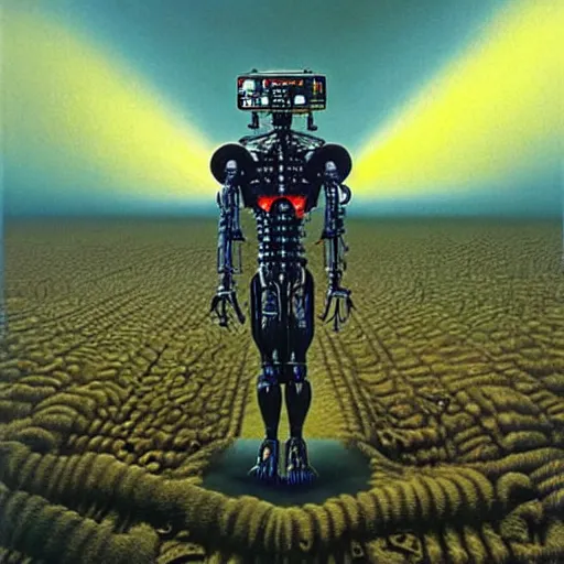 Prompt: the edge of the universe (on film), cybernetic cyborg warrior, by Tim White and Vladimir Kush