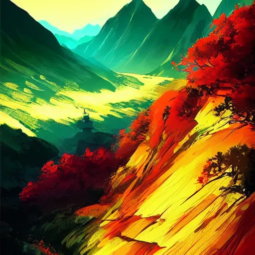 Prompt: chinese mountain scenery, by anato finnstark, by alena aenami, by john harris, by ross tran, by wlop, by andreas rocha