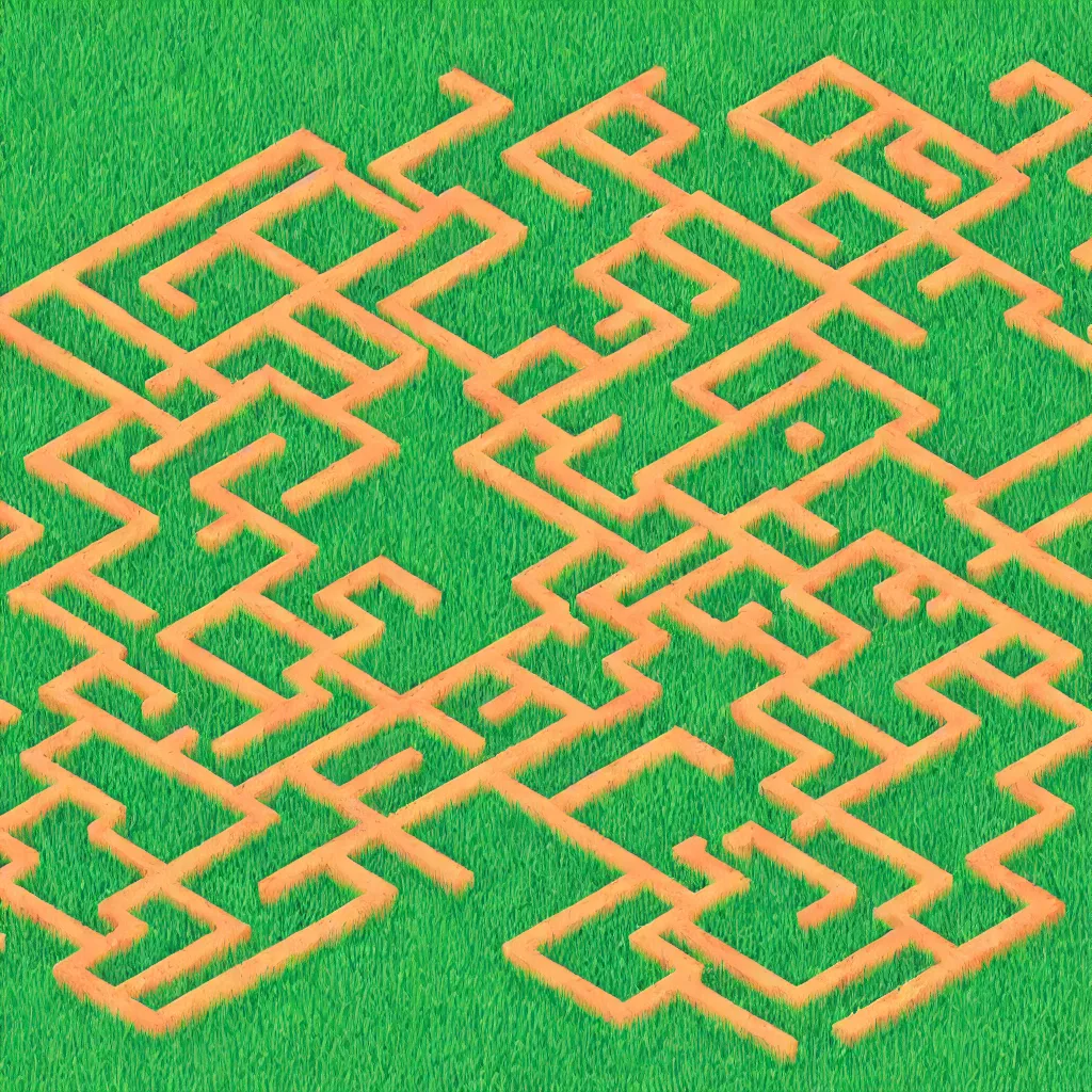 Image similar to wimmelbilder maze made of lawn with cartoon child mowing, isometric, very sharp