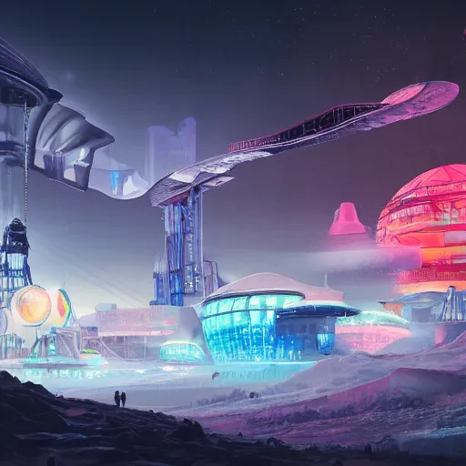 Prompt: industrial futuristic ice mine, with spaceships in the sky, long exposure, neon signs, cinematic, epic, 4 k, concept art by feng zhu