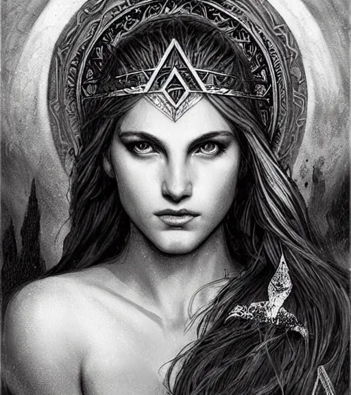 Image similar to beautiful aphrodite goddess wearing an arrow on her head, realistic face, beautiful eyes, black and white drawing, in the style of greg rutkowski, fantasy, amazing detail, epic, intricate, elegant, smooth, sharp focus