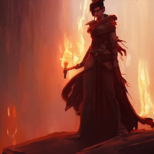 Prompt: fantasy art of a power female fire mage in the style of greg rutkowski, detailed, cinematic, movie poster