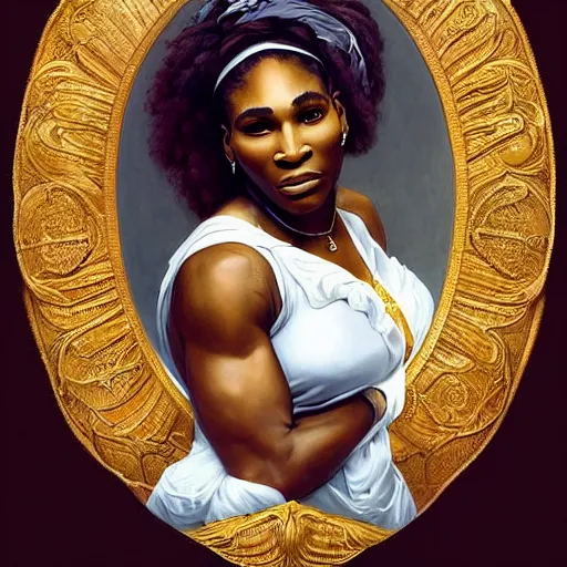 Image similar to Full body Portrait of Serena Williams as Nike Goddess, large wings, luxuriant, dreamy, eternity, romantic, strong pose, highly detailed, in the style of Franz Xaver Winterhalter, highly detailed, in the style of Aetherpunk