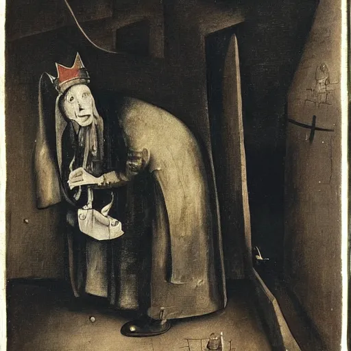 Image similar to queen elizabeth painted as a beggar in a dark forbidding alleyway by george grosz and hieronymus bosch