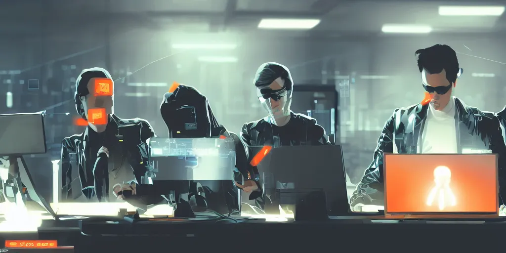 Image similar to 3 gards in an office hacking into a computer using a laptop, matrix style falling orange text in the background, cyberpunk, artstation