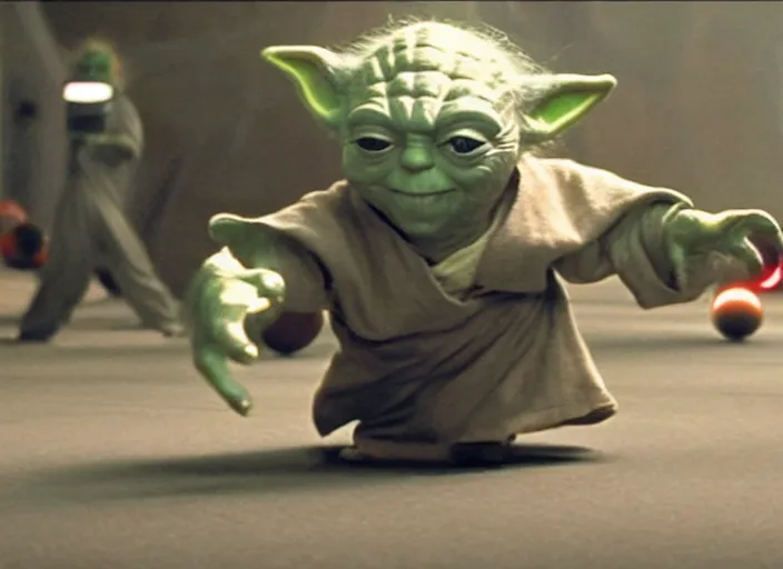 Image similar to film still of yoda uses the force to roll a bowling bowl down a lane in a bowling alley in the new Star Wars movie, 4k