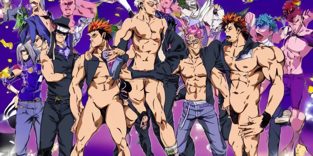 Prompt: gachimuchi in JoJo's bizarre adventure anime style