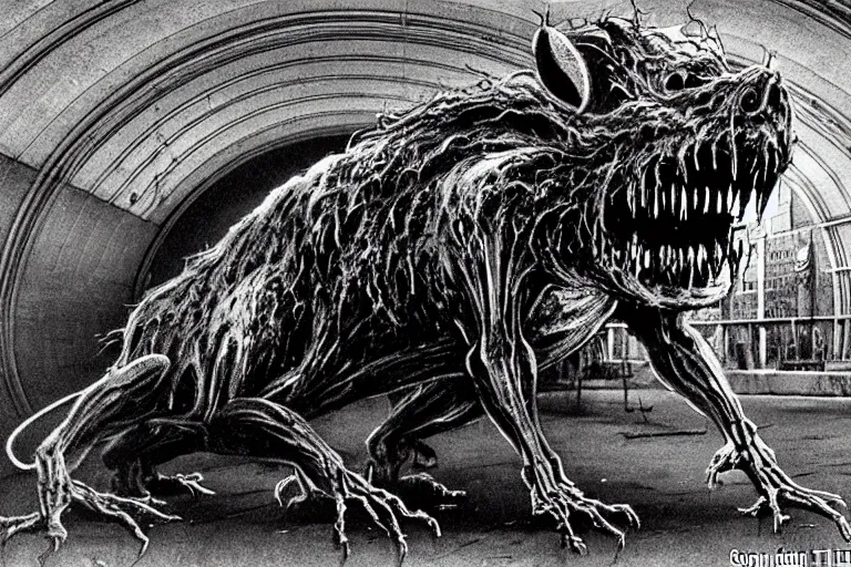 Image similar to very large giant mutant zombie irradiated ( angry rat ) staying on railways in tonnel of moscow subway. tonnel, railways, giant angry rat, furr, fangs, claws, very realistic. extreme long shot, wide angle, herman nitsch and herman nitsch, giger.