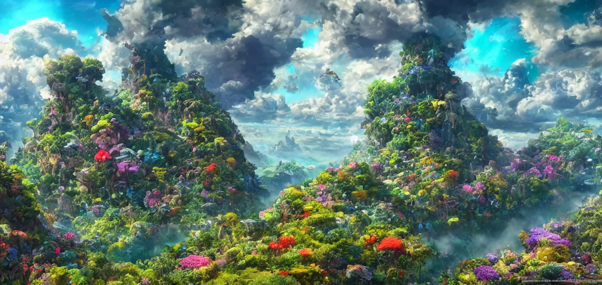 Image similar to the landscape of an unimaginable and beautiful place with all types of colorful vegetation in the clouds, beyond the physical realm, an ultrafine hyperdetailed illustration by kim jung gi, irakli nadar, intricate linework, bright colors, octopath traveler, final fantasy, unreal engine 5 highly rendered, global illumination, radiant light, detailed and intricate environment