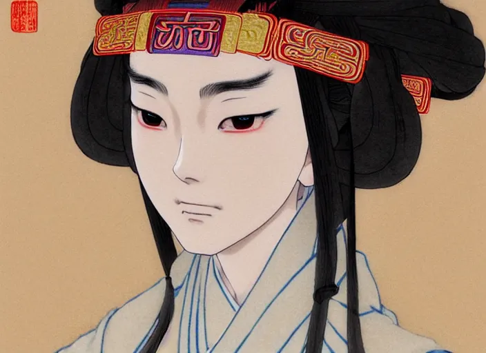 Image similar to a film still portrait of a confident xianxia shrine maiden woman who resembles billie eilish, finely detailed features, closeup at the faces, perfect art, at an ancient chinese city, gapmoe yandere grimdark, trending on pixiv fanbox, painted by greg rutkowski makoto shinkai takashi takeuchi studio ghibli, akihiko yoshida