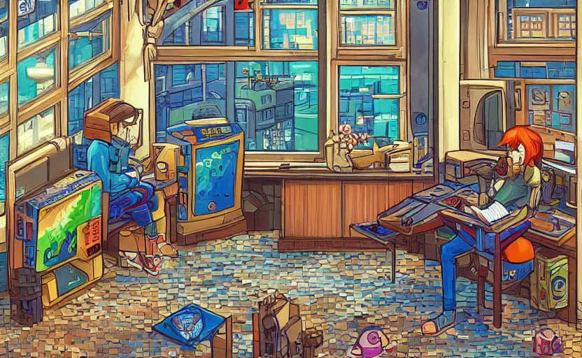 Image similar to Arcade-game Character sitting and relaxing in front of their work desk in their cozy room as a peaceful rainy city scene is seen through the room's window. Smooth Highly detailed masterpiece pixel-art. in the style of Close Highly detailed masterpiece professional artistry Sega, Namco, Neogeo, Capcom artist's Pixel-art. Trending on artstation. Slice-of-life genre art. Balanced colors and lighting scheme by James Gurney and artgerm. In the style of a 'Music to chill/study' to youtube video.