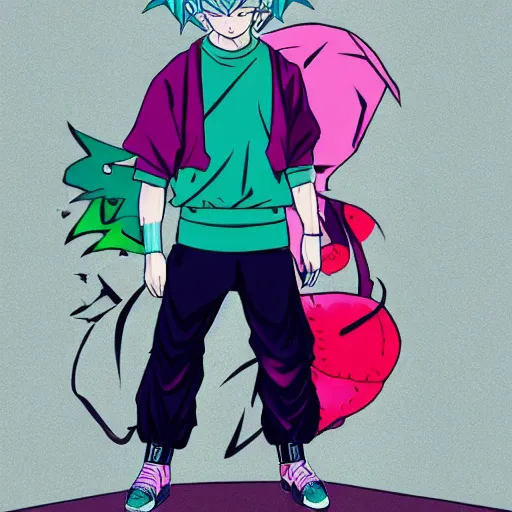 Image similar to streetwear fashion influencer character minimalistic illustration pastel colors dragon ball anime style