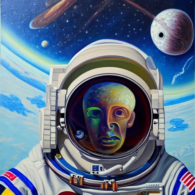 Prompt: an oil on canvas portrait painting of an astronaut, polycount, surrealism, surrealist, cosmic horror, high detail