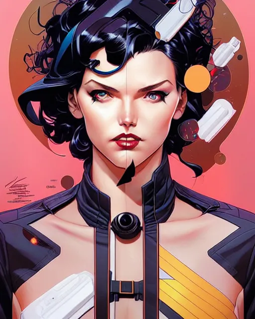 Image similar to artgerm, joshua middleton and sandra chevrier comic cover art, full body betty page as pretty female space pirate, symmetrical eyes, long curly hair, beautiful, rim lighting, vivid colors